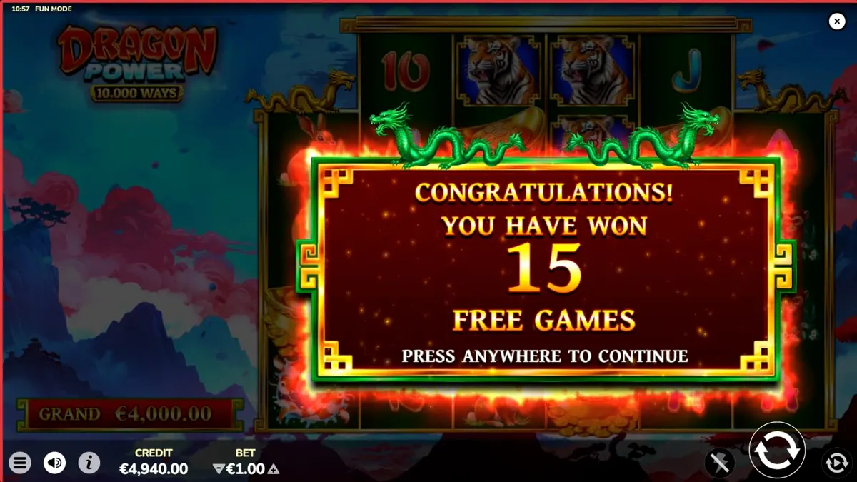 Interface do slot Dragon Power 10,000 Ways exibindo dragões e orbes dourados